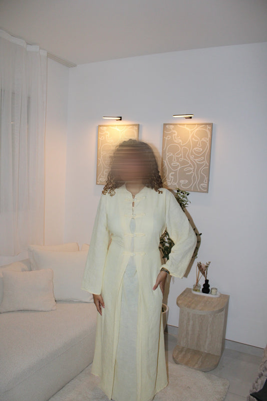 Ensemble Abaya et sur robe couleur jaune pastel