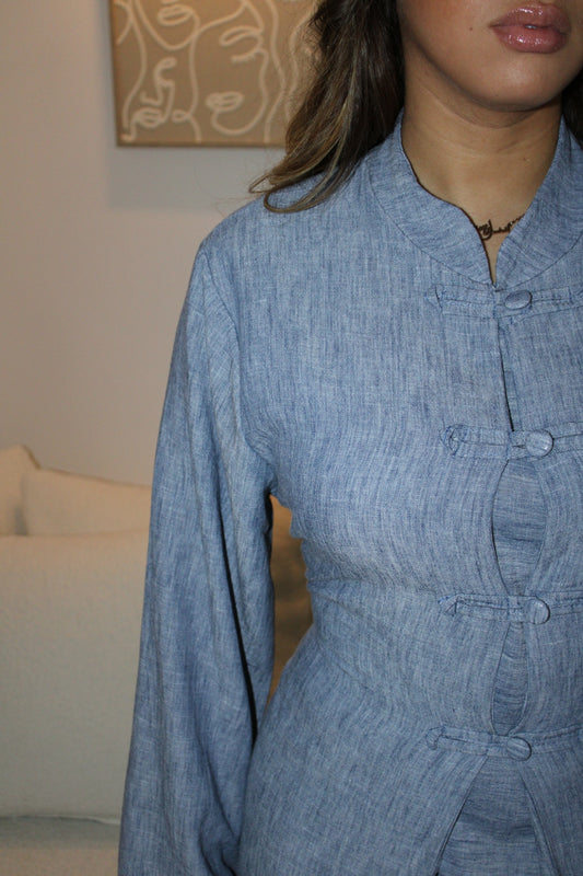 Ensemble robe Abaya et dessus de robe à boutons bleu